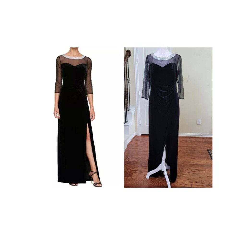 Alexs Evenings Rhinestone Collar Gown Formal Black 10 Velvet Ruched Side Slit
